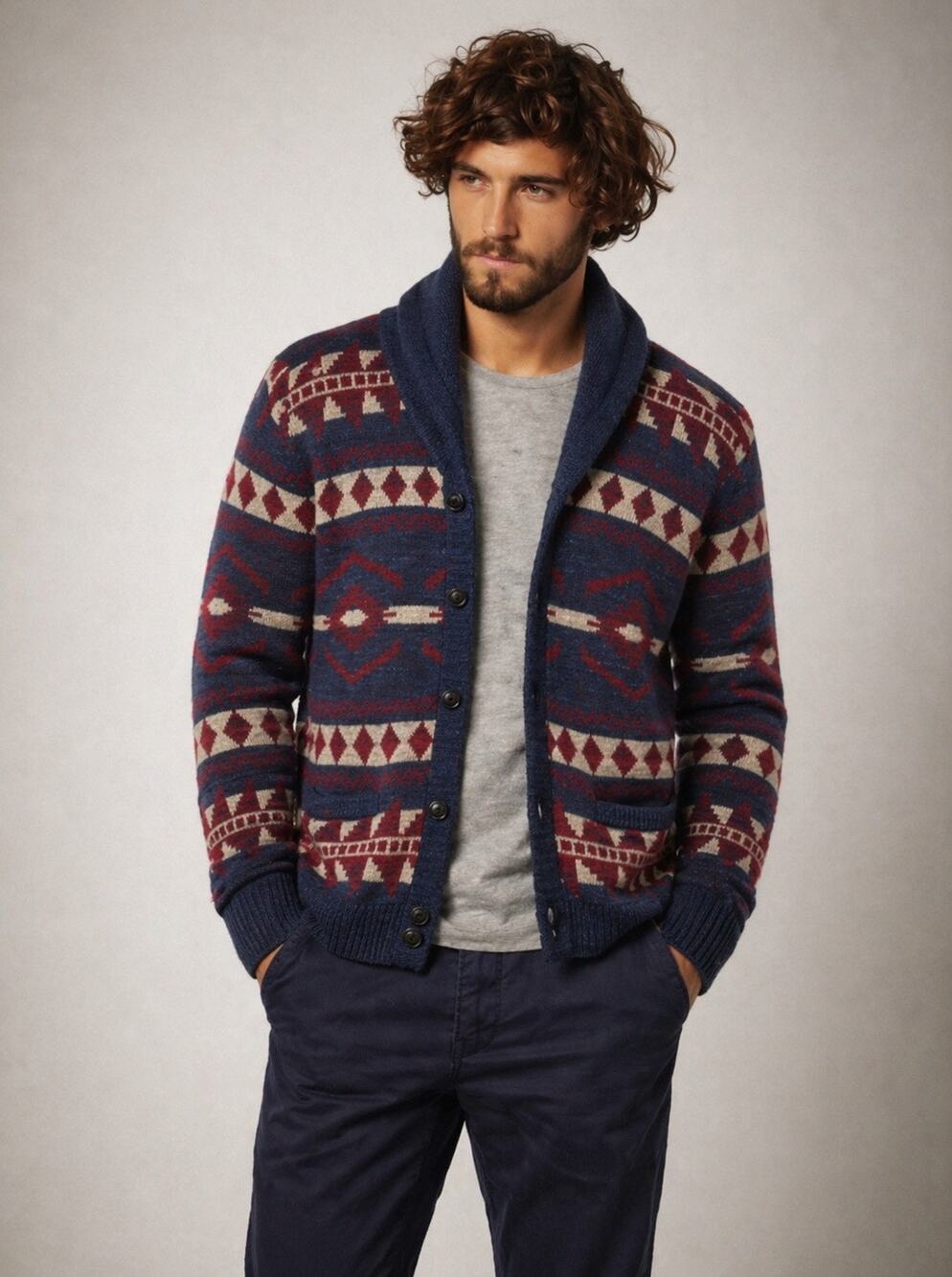 Denim & Supply Men’s Aztec Southwestern Cardigan Knit Sweater Medium Blue